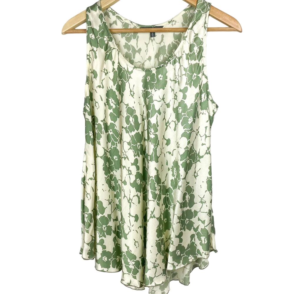 Kerry‎ Grima Floral Top Size S Cream Green Floral Satin Resort Wear Boho Cottage